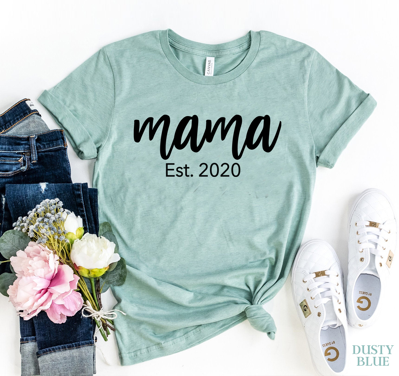 Mama est 2020 T-shirt made from premium ring spun cotton, featuring a stylish flex print design.