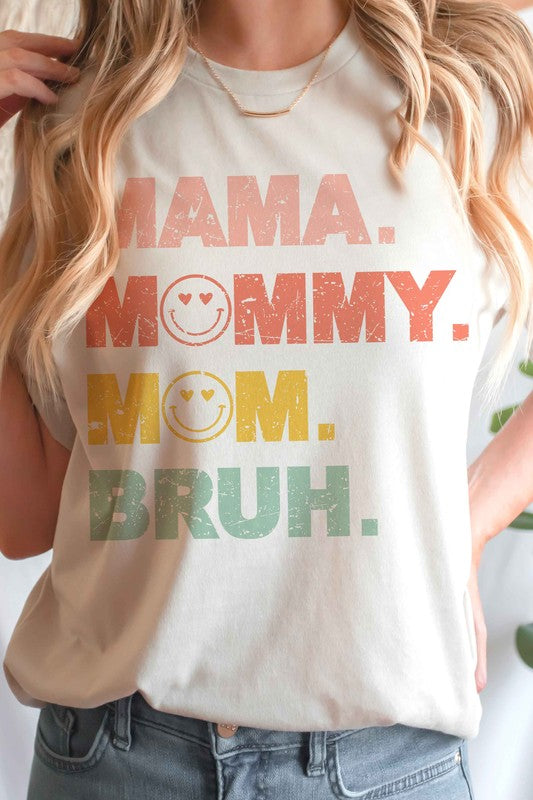 MAMA MOMMY MOM BRUH GRAPHIC TEE displayed on a mannequin, showcasing its casual style and unisex fit.