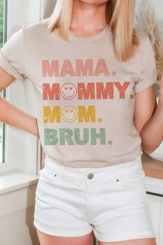 MAMA MOMMY MOM BRUH GRAPHIC TEE displayed on a mannequin, showcasing its casual style and unisex fit.