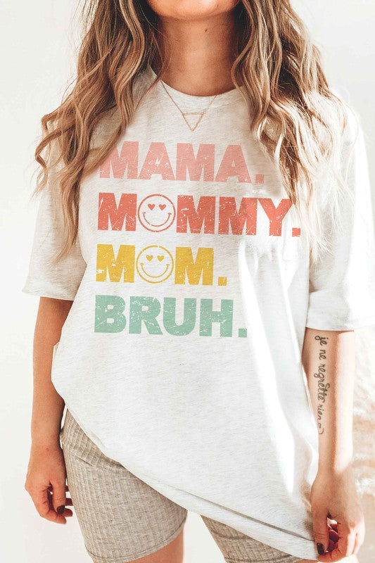 MAMA MOMMY MOM BRUH GRAPHIC TEE displayed on a mannequin, showcasing its casual style and unisex fit.