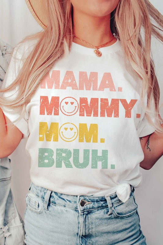 MAMA MOMMY MOM BRUH GRAPHIC TEE displayed on a mannequin, showcasing its casual style and unisex fit.