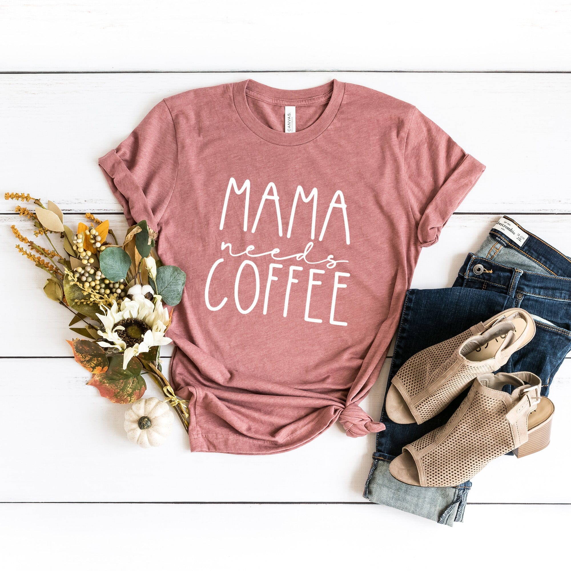 Mama Needs Coffee Tee featuring a stylish design, made from soft Ringspun Cotton, perfect for coffee lovers.