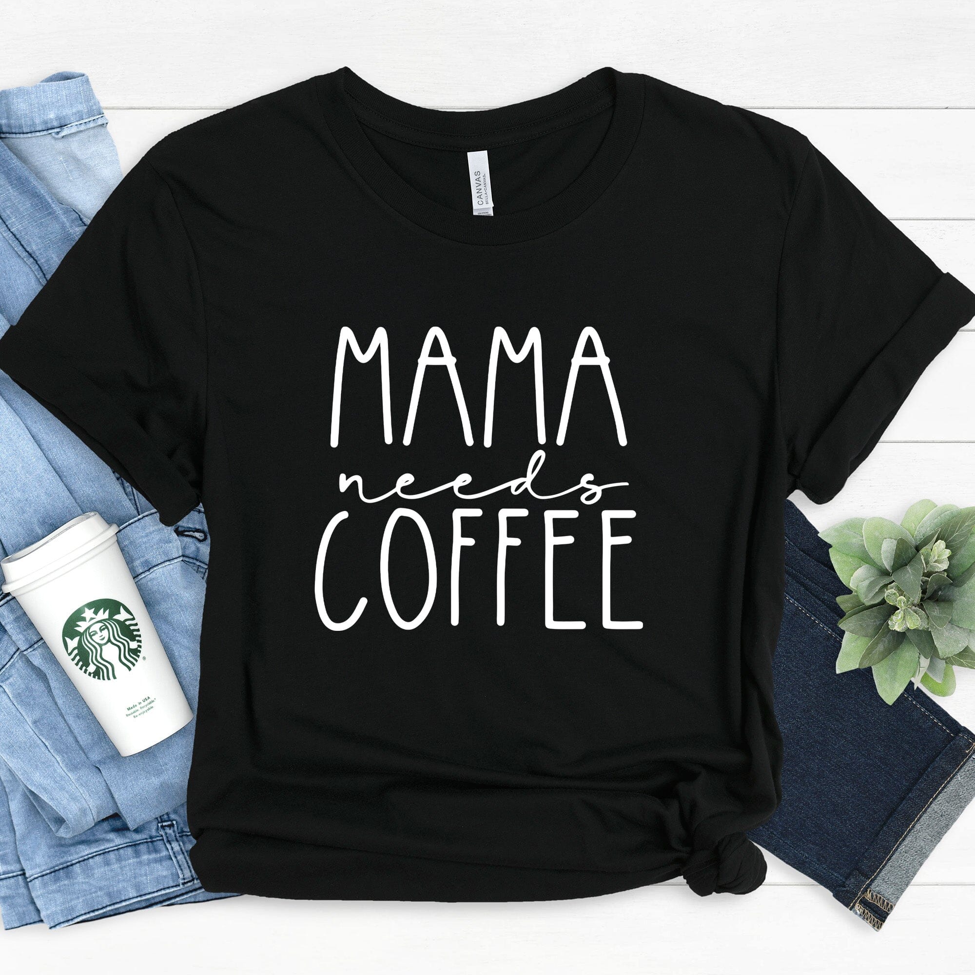 Mama Needs Coffee Tee featuring a stylish design, made from soft Ringspun Cotton, perfect for coffee lovers.