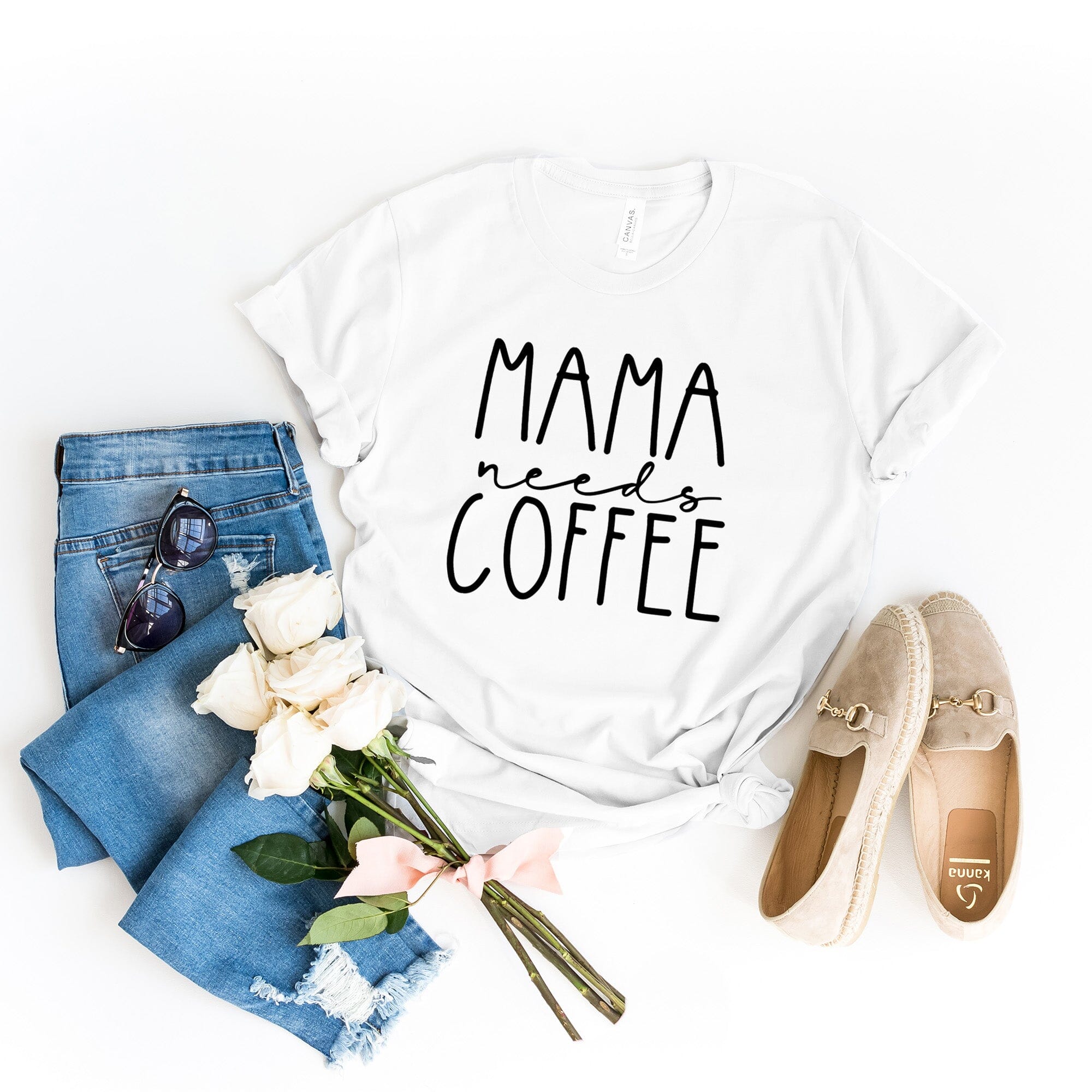 Mama Needs Coffee Tee featuring a stylish design, made from soft Ringspun Cotton, perfect for coffee lovers.