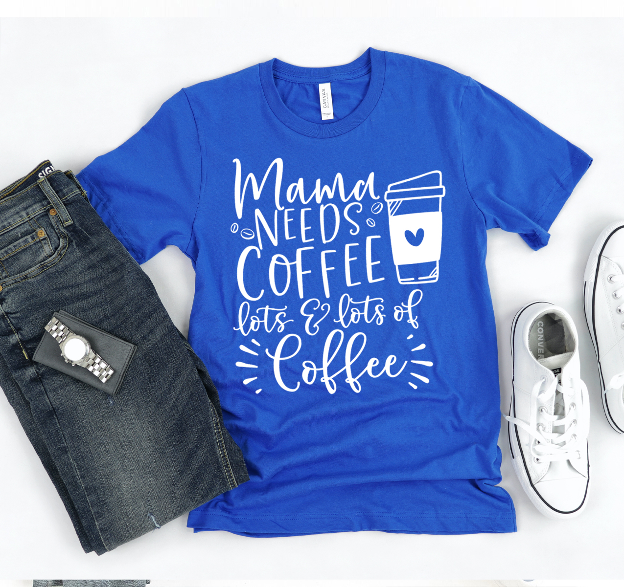 Mama Needs Coffee T-shirt in a stylish unisex design, made from soft airlume cotton, available in various sizes.