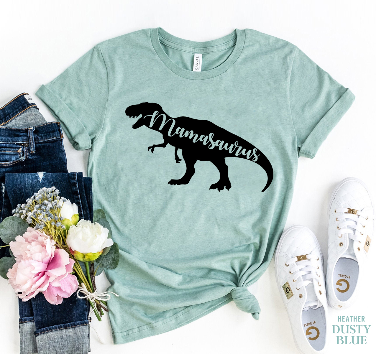 Mamasaurus T-shirt made of premium ring spun cotton, featuring a vibrant flex print design, available in various sizes.