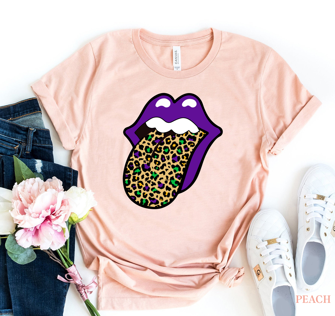 Mardi Gras Mouth T-shirt featuring vibrant design on premium cotton fabric, available in various sizes.