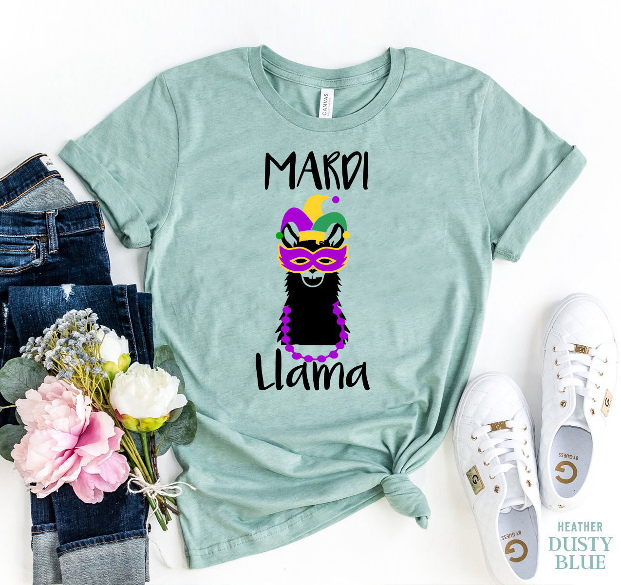 Mardi Llama T-shirt featuring a vibrant llama design on premium cotton fabric.