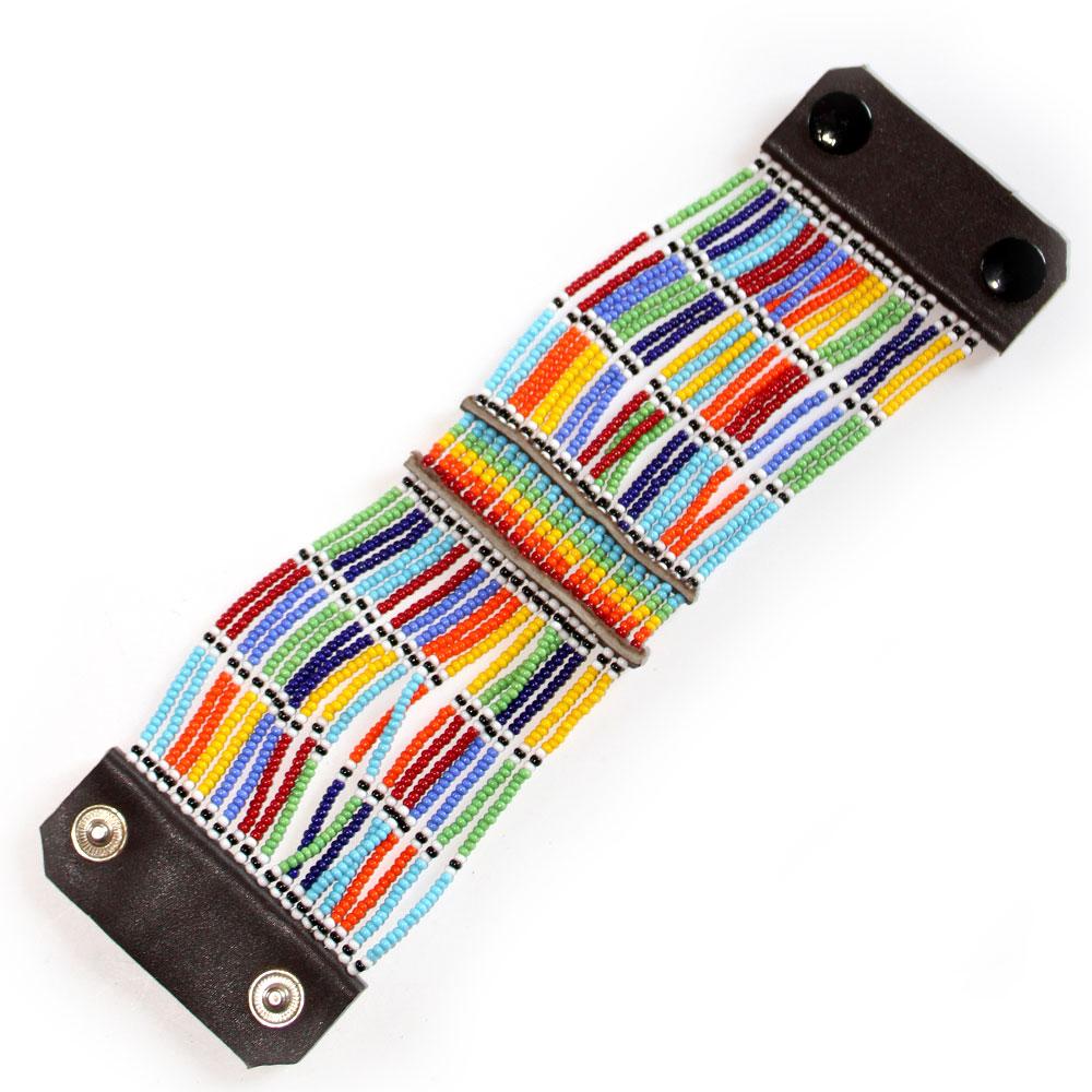 Colorful Maasai Beaded Cuff Bracelet showcasing intricate beadwork and flexible nylon threads, perfect for stylish arm adornment.