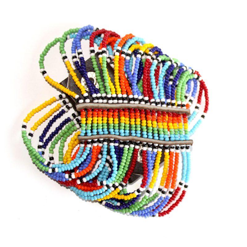 Colorful Maasai Beaded Cuff Bracelet showcasing intricate beadwork and flexible nylon threads, perfect for stylish arm adornment.