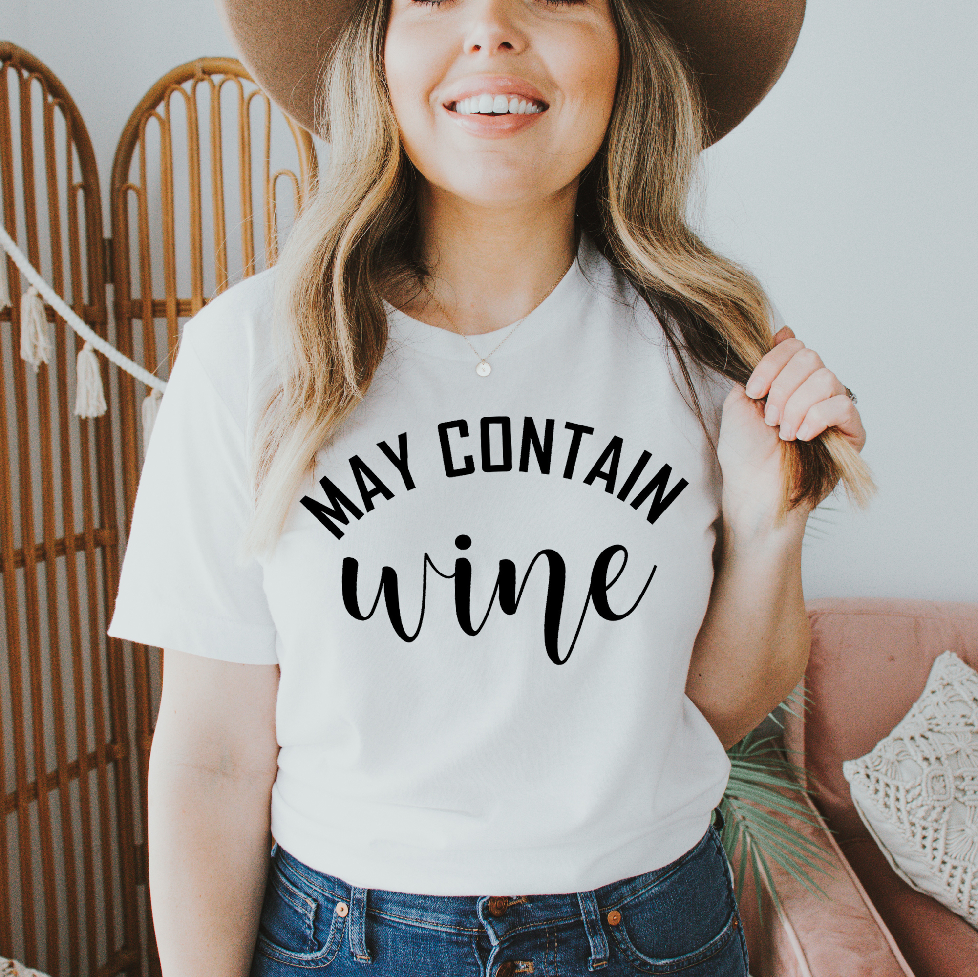 May Contain Wine T-shirt made of premium ring spun cotton with a humorous wine-themed design.