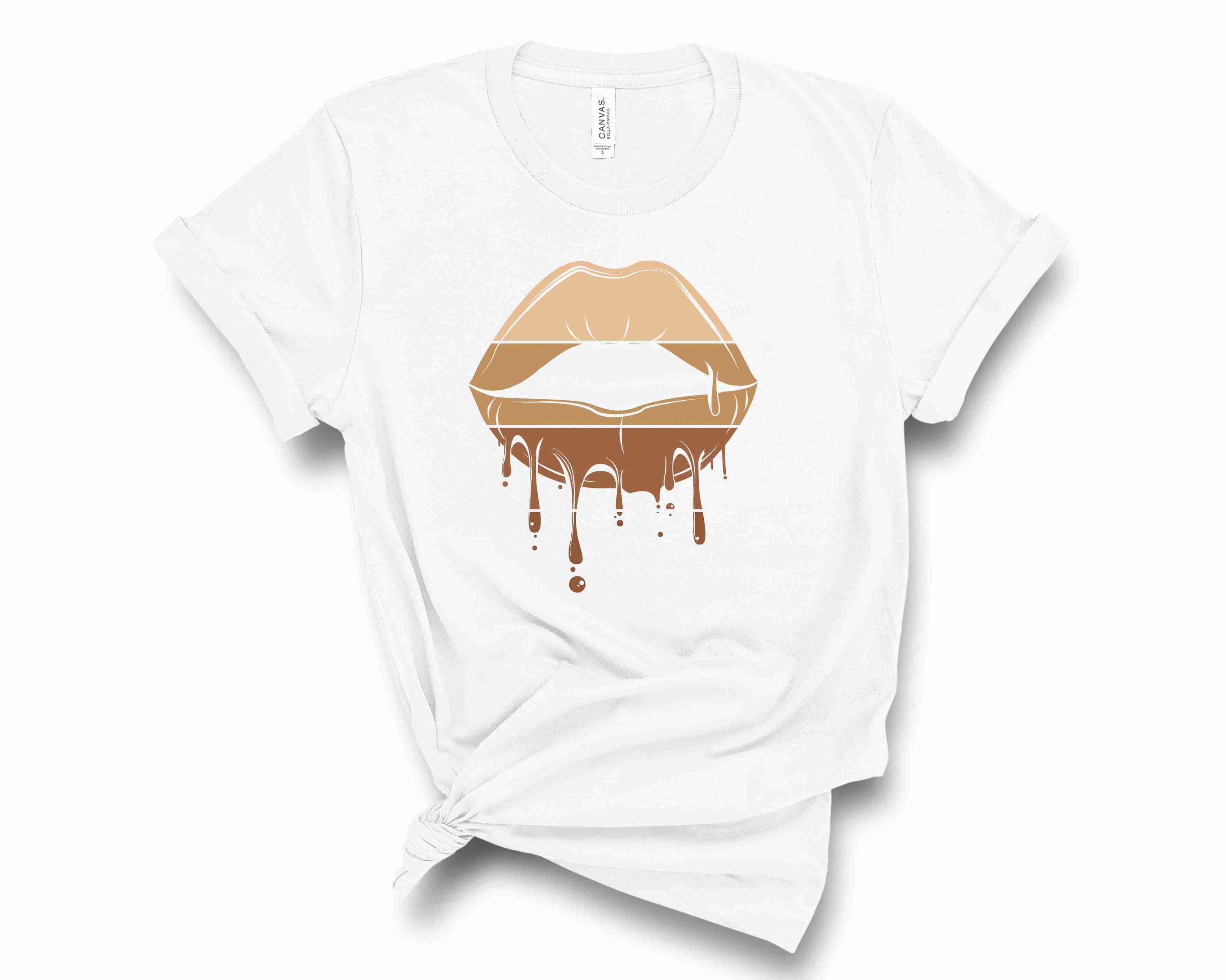 White t-shirt with dripping lips.