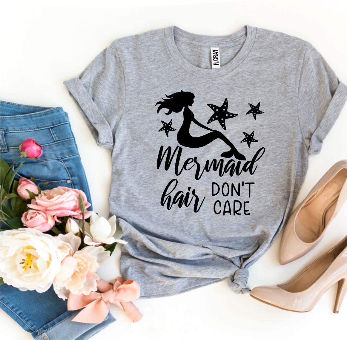 A stylish Mermaid Hair Don’t Care T-shirt made from premium ring spun cotton, featuring a vibrant print and available in various sizes.