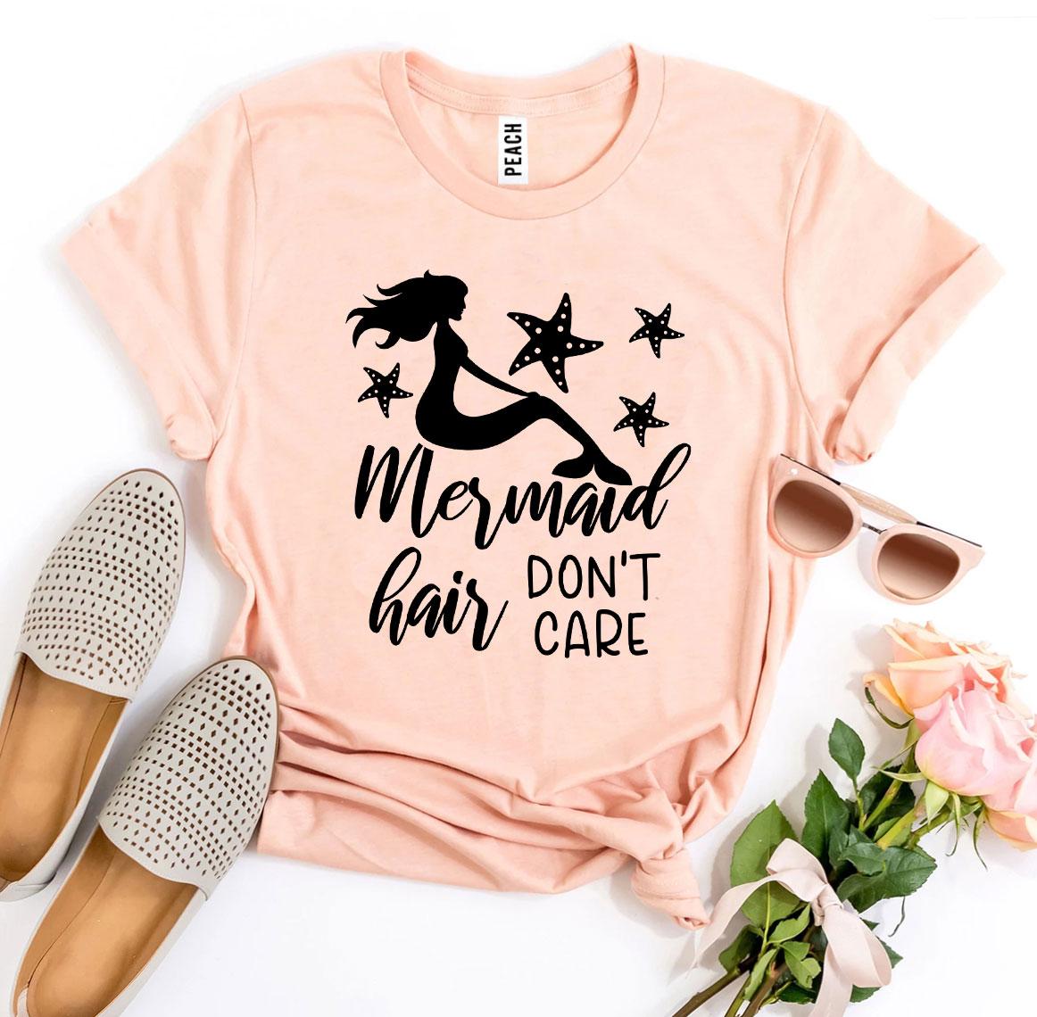 A stylish Mermaid Hair Don’t Care T-shirt made from premium ring spun cotton, featuring a vibrant print and available in various sizes.