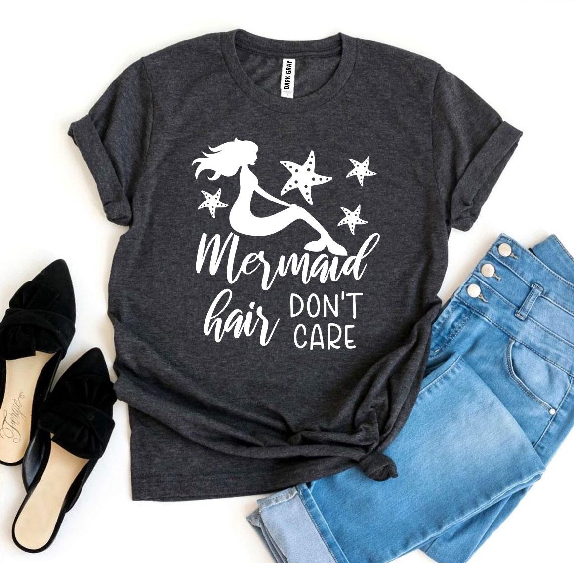 A stylish Mermaid Hair Don’t Care T-shirt made from premium ring spun cotton, featuring a vibrant print and available in various sizes.