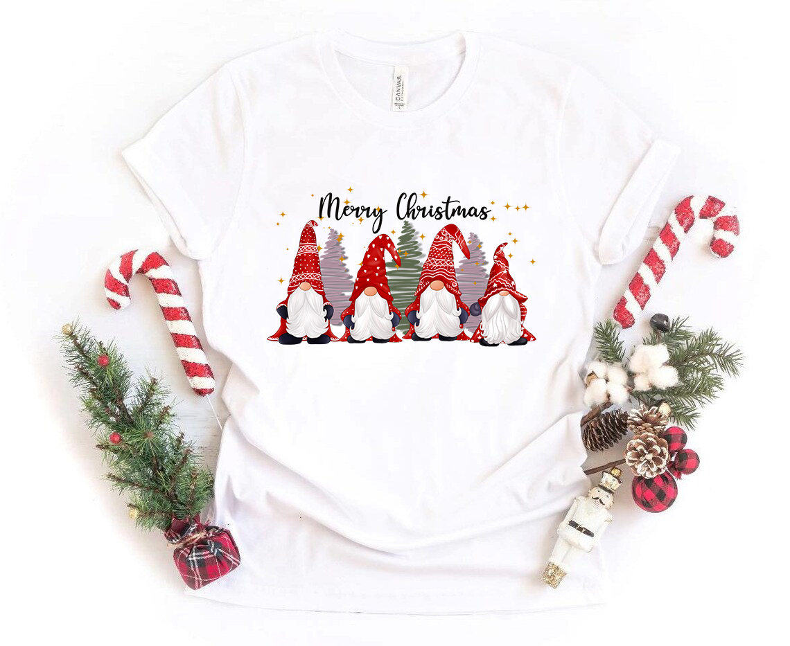 Merry Christmas Gnomes Shirt featuring festive gnome graphics on a soft cotton fabric, available in multiple colors.