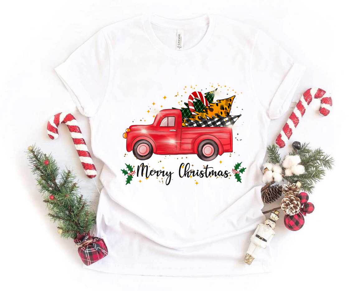 A Merry Christmas Shirt featuring a festive design, made from soft ring spun cotton, available in multiple colors and sizes.