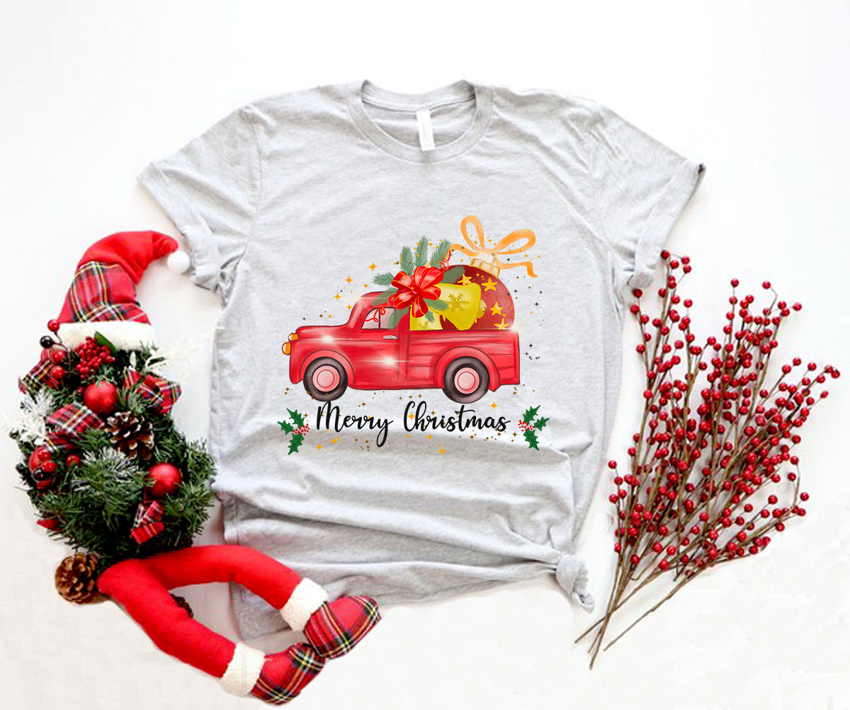 A Merry Christmas Shirt featuring a festive design, made from soft ring spun cotton, available in various colors and sizes.