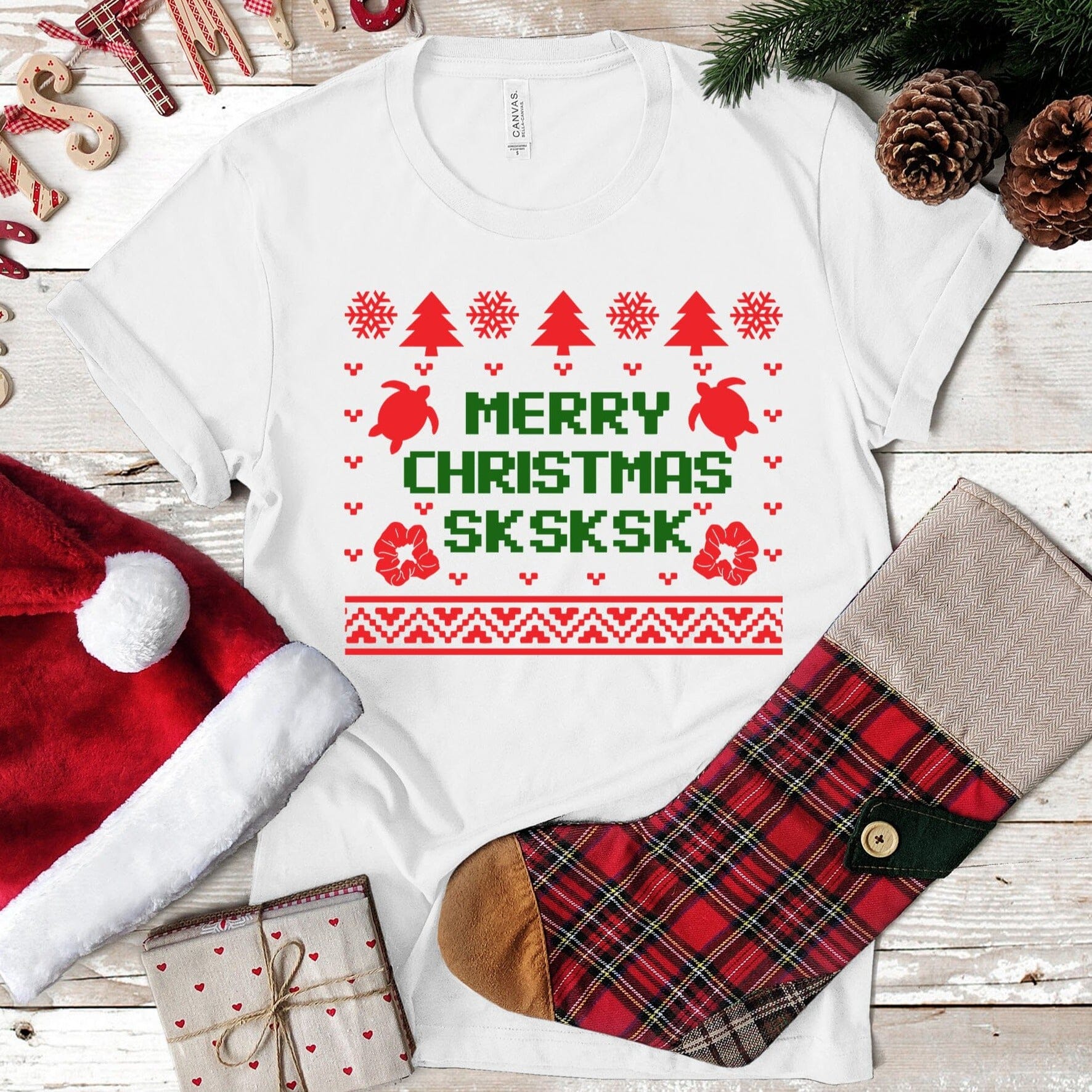 Merry Christmas SKSK Tee featuring a festive design, made from soft ringspun cotton, perfect for holiday celebrations.