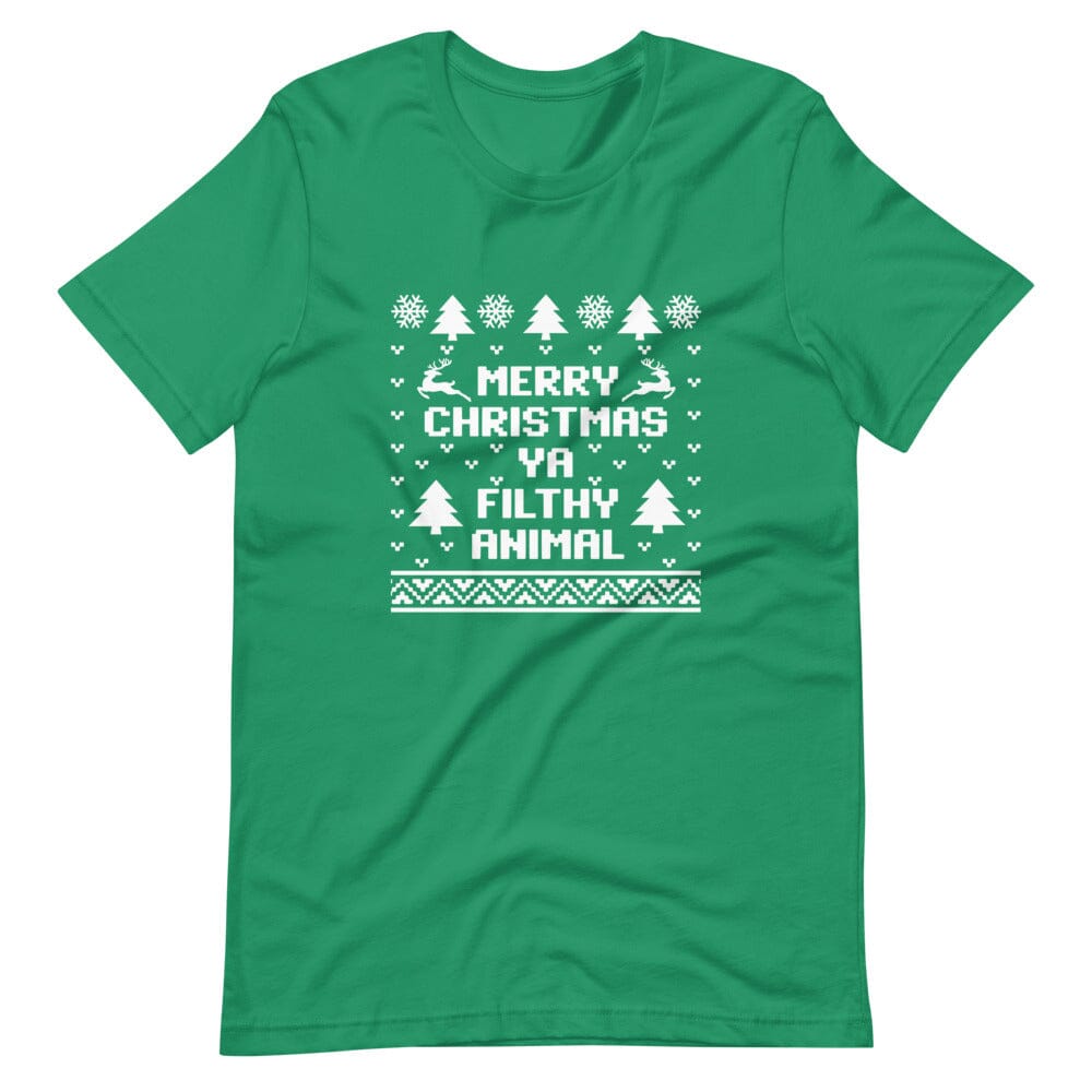 Merry Christmas Ya Filthy Animal Tee featuring a playful holiday design in a comfortable fit, perfect for festive celebrations.