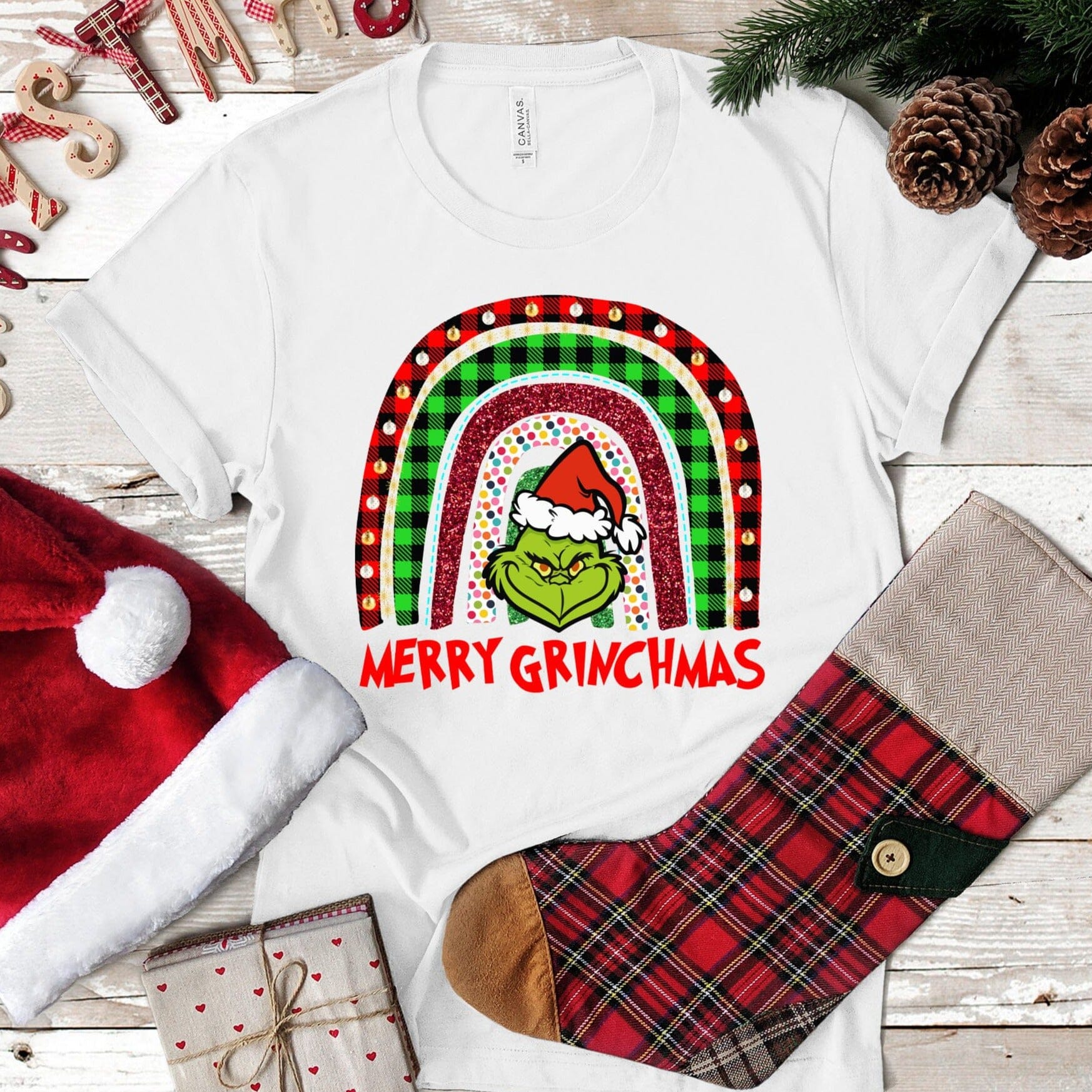 Merry Grinchmas Christmas Tee featuring a festive design, made from soft Ringspun Cotton, suitable for both men and women.