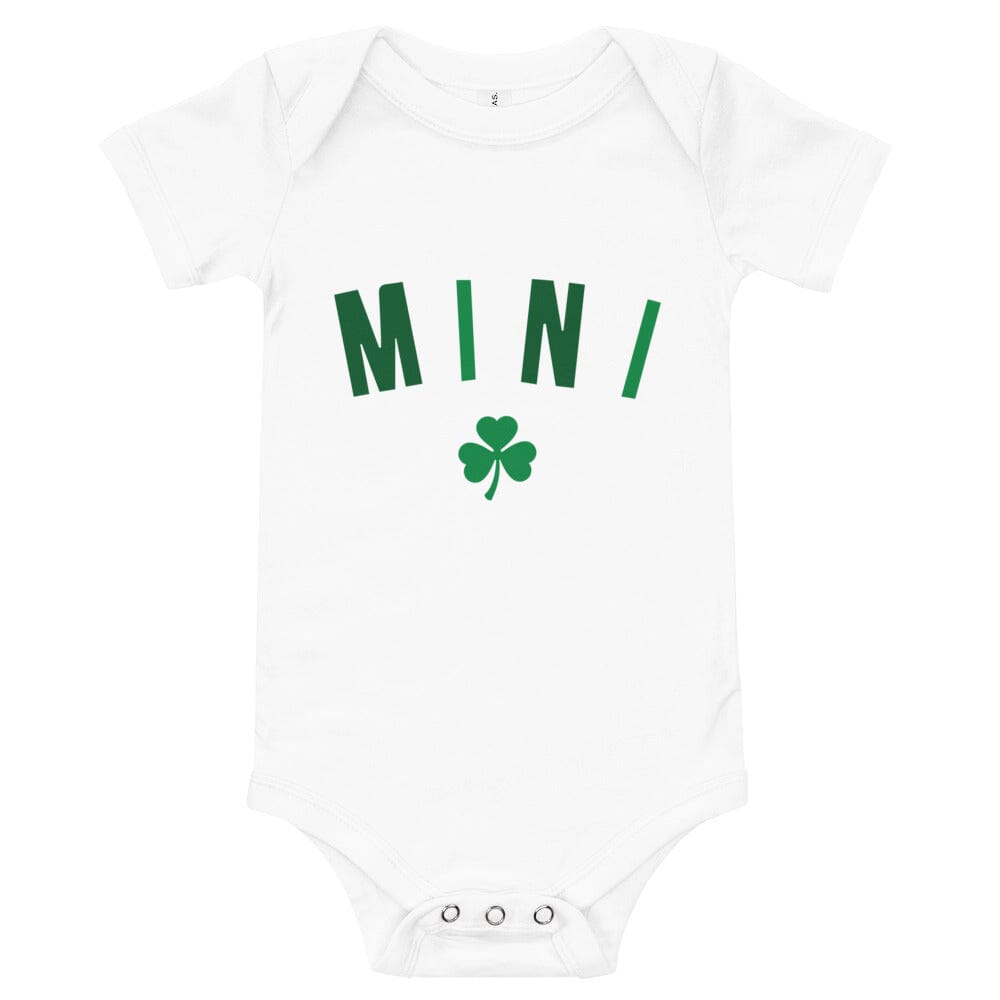 A cute Mini St. Paddy's Onesie featuring a festive design, perfect for babies celebrating St. Patrick's Day.