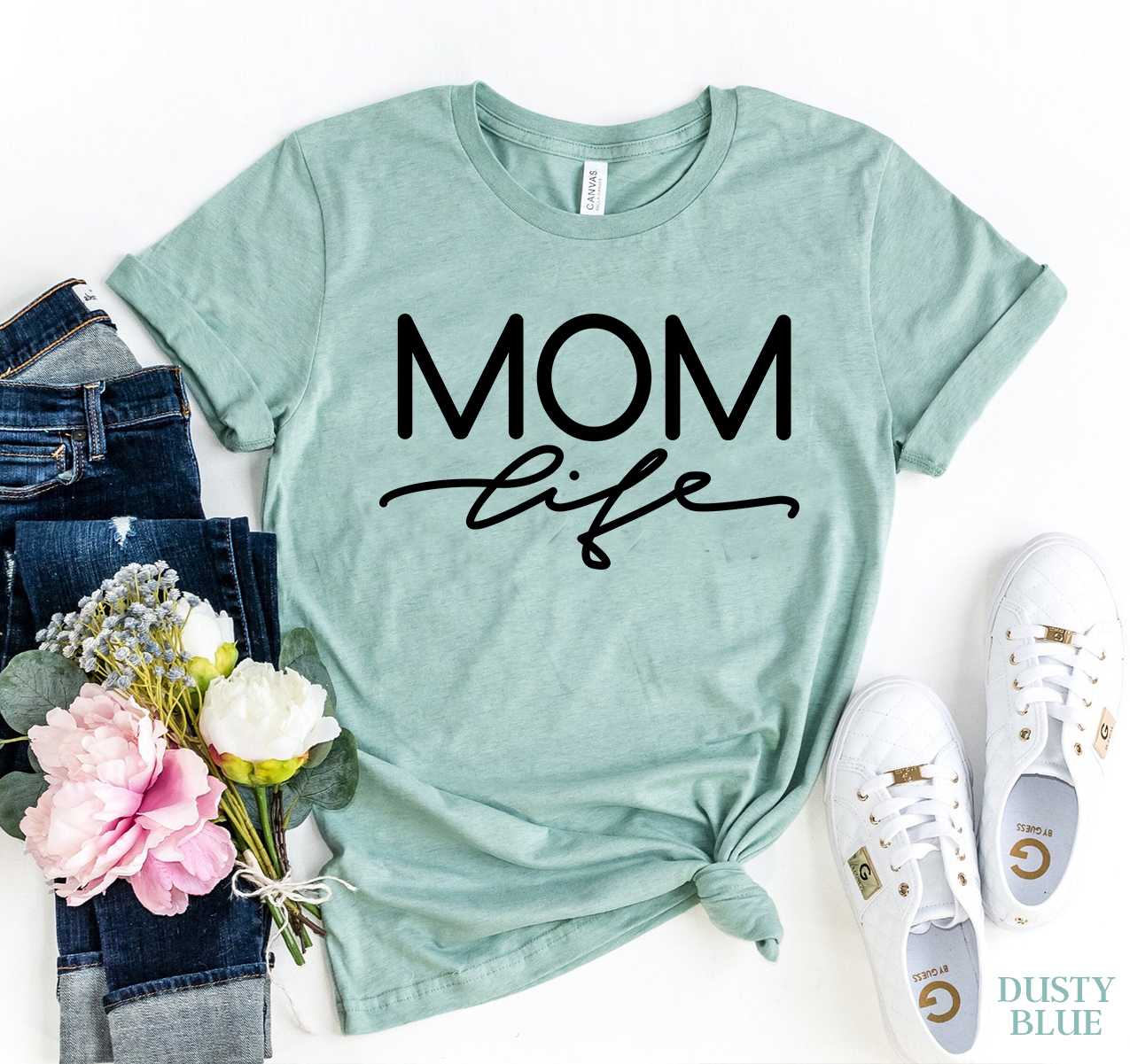 Mom Life T-shirt made from premium ring spun cotton, featuring a soft textile flex print design, available in various sizes.