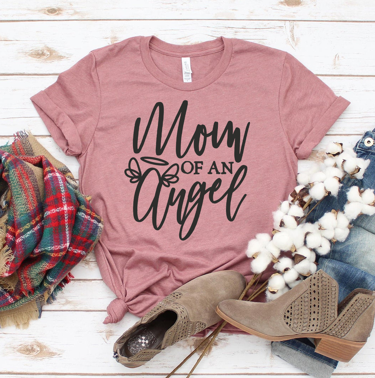 Mom Of An Angel T-shirt made from premium ring spun cotton, featuring a soft textile flex print design, available in various sizes.