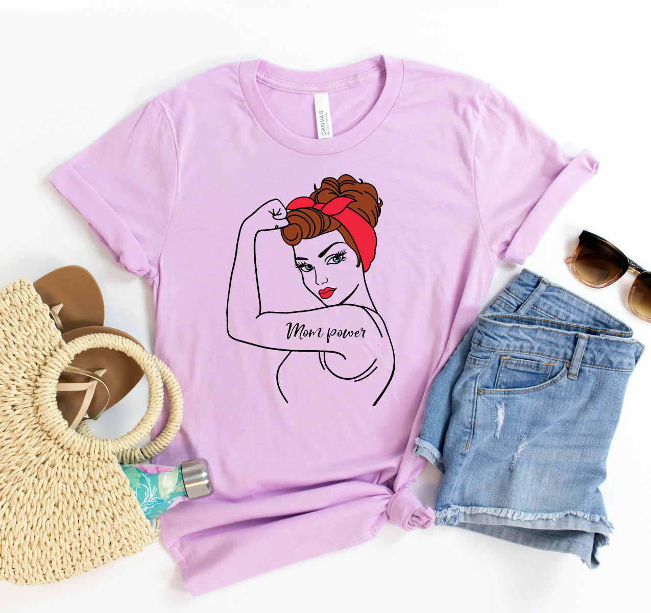 Mom Power T-shirt in various sizes, showcasing its soft fabric and stylish design.