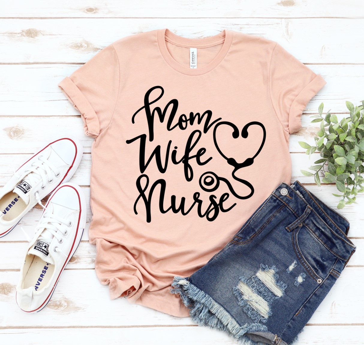 Mom Wife Nurse T-shirt made of premium ring spun cotton, featuring a stylish design with soft textile flex print.