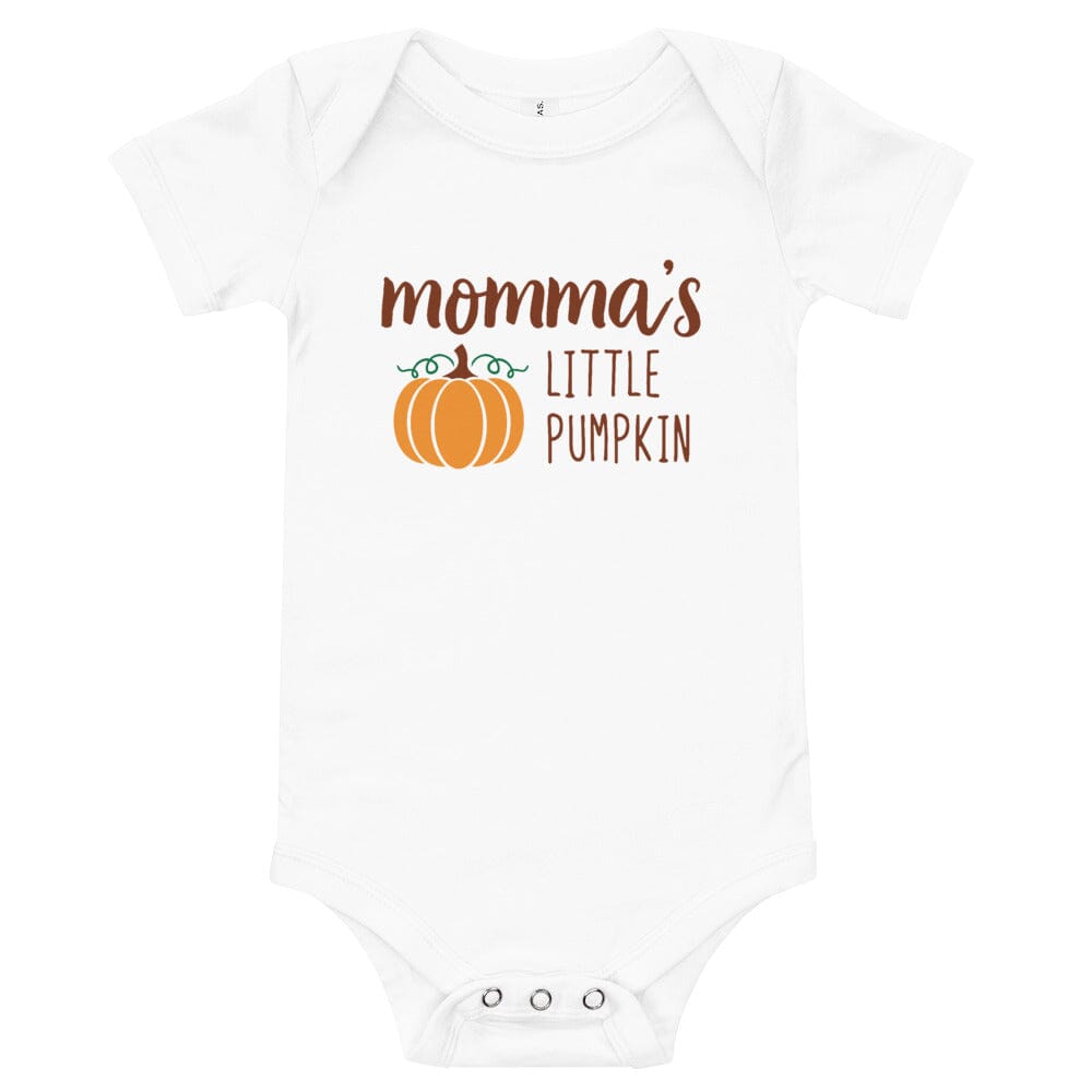 Mommas Little Pumpkin Baby Onesie featuring a cute pumpkin design, made from soft cotton fabric, perfect for babies.