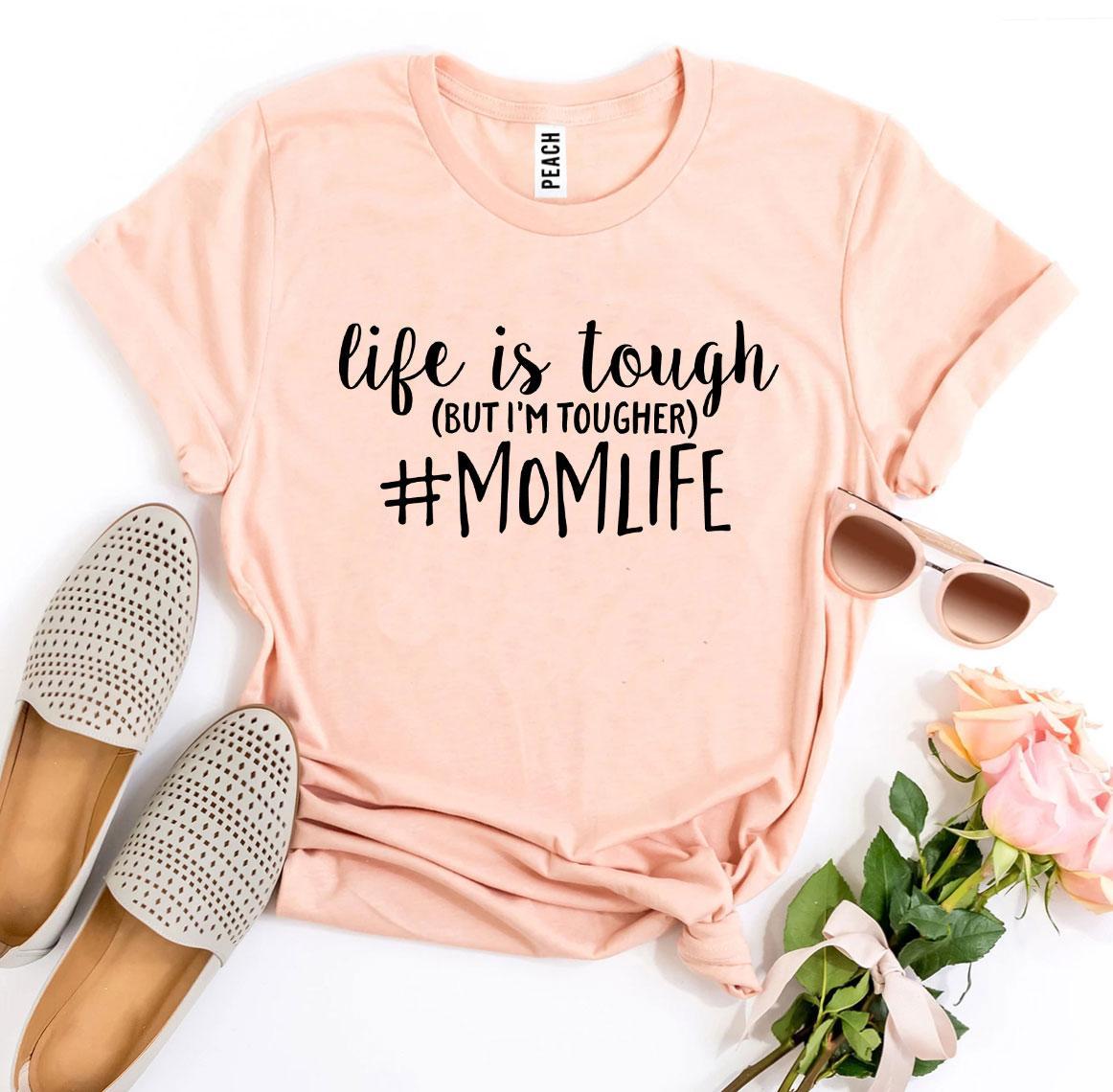 A stylish #Momlife T-shirt made from premium ring spun cotton, featuring a high-quality flex print design.