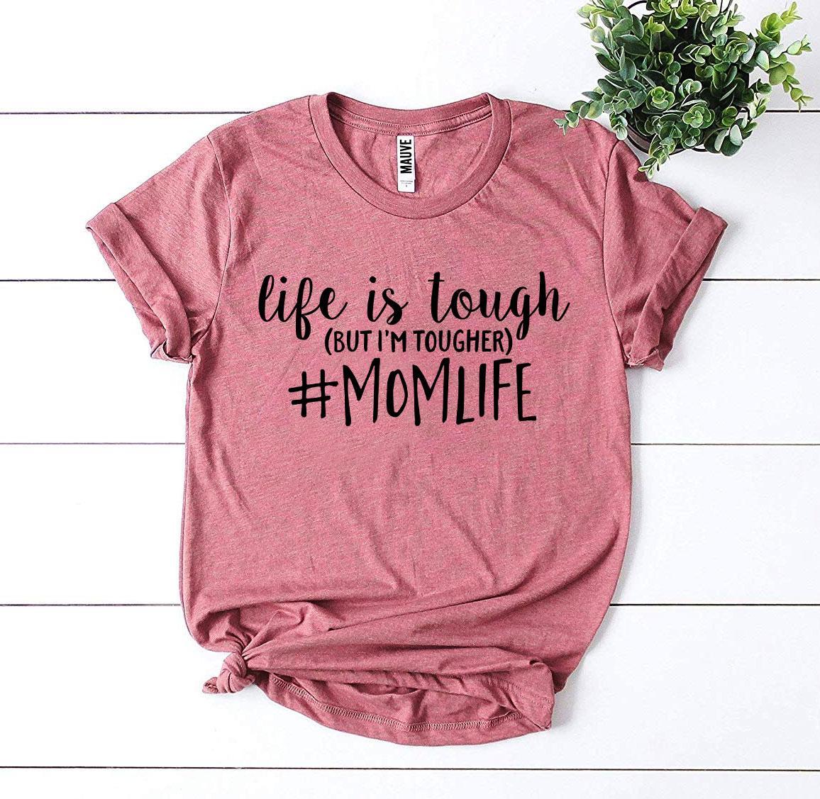 A stylish #Momlife T-shirt made from premium ring spun cotton, featuring a high-quality flex print design.