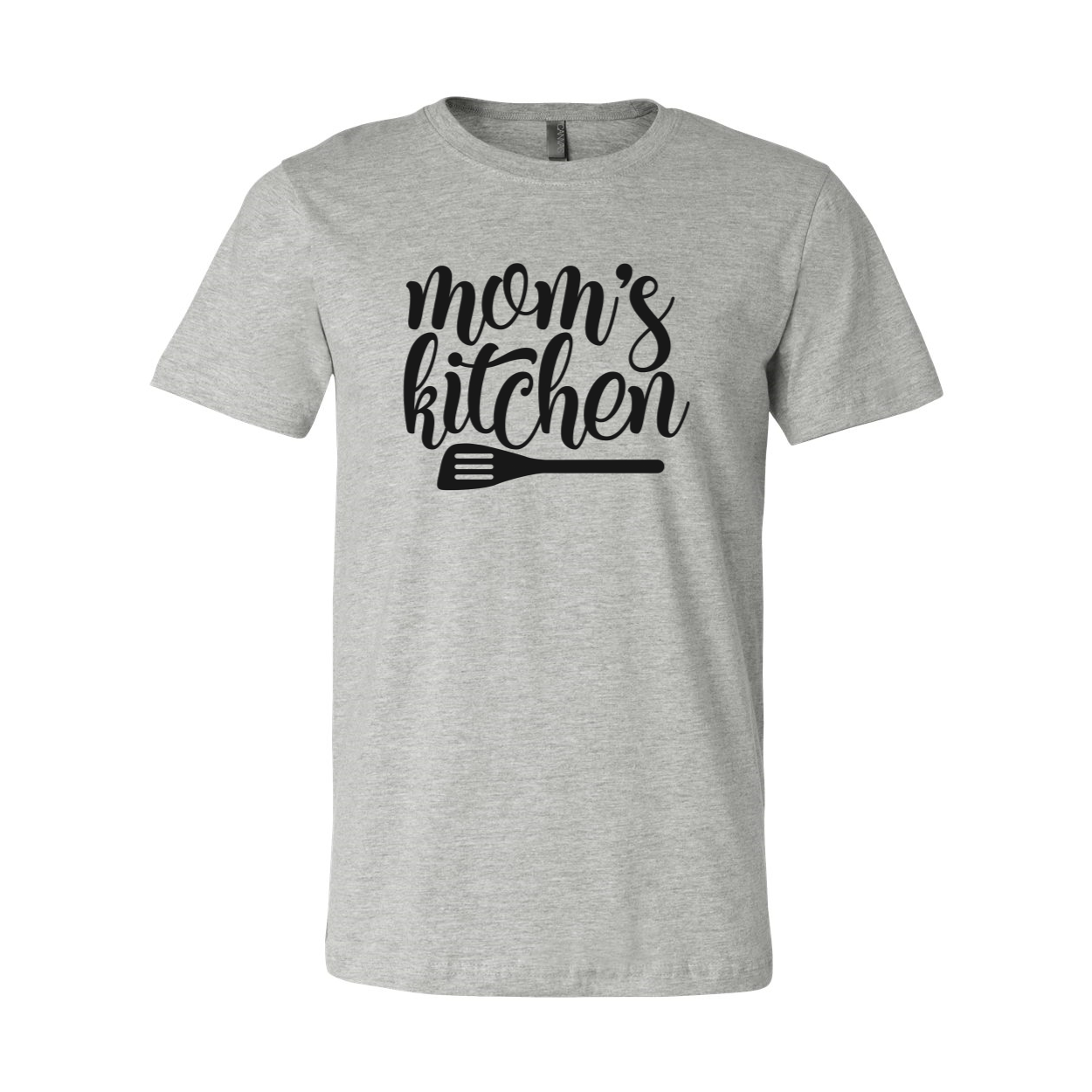 A stylish unisex T-shirt featuring the phrase 'Moms Kitchen' in vibrant print, made from soft ring spun cotton, available in multiple colors.