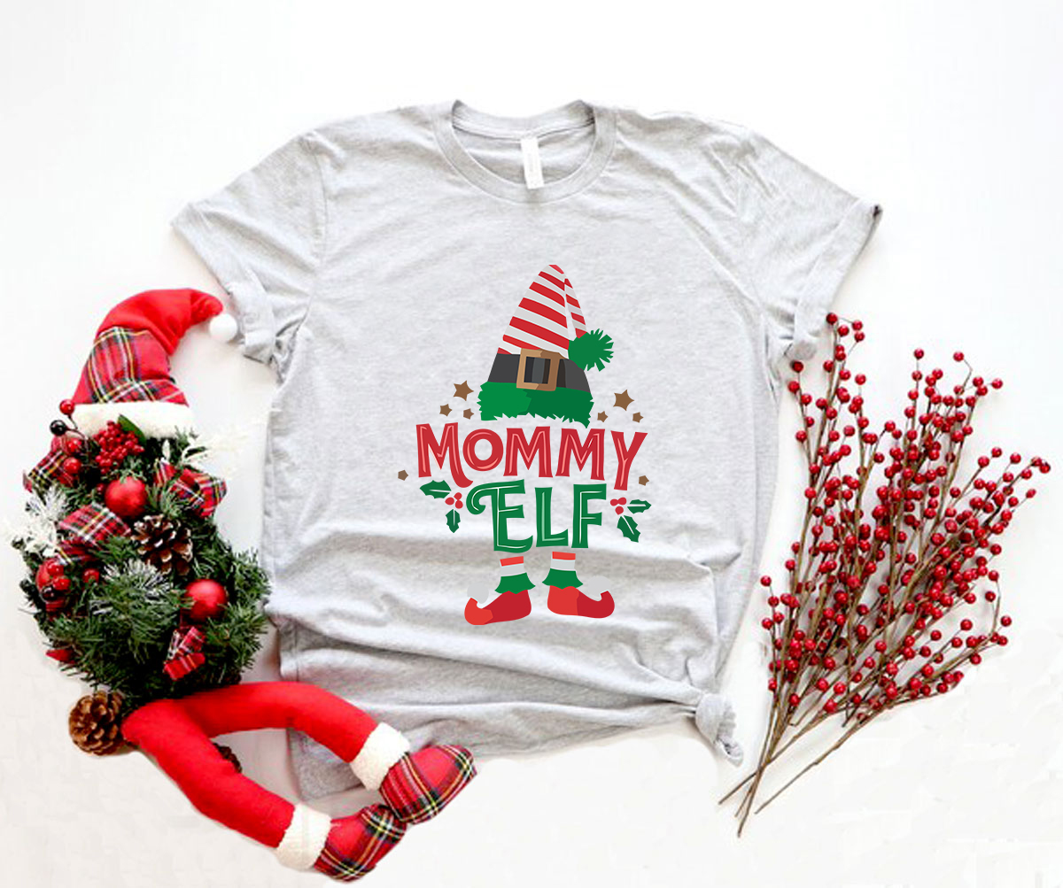 Mommy Elf Shirt in various colors, showcasing its soft fabric and festive design.