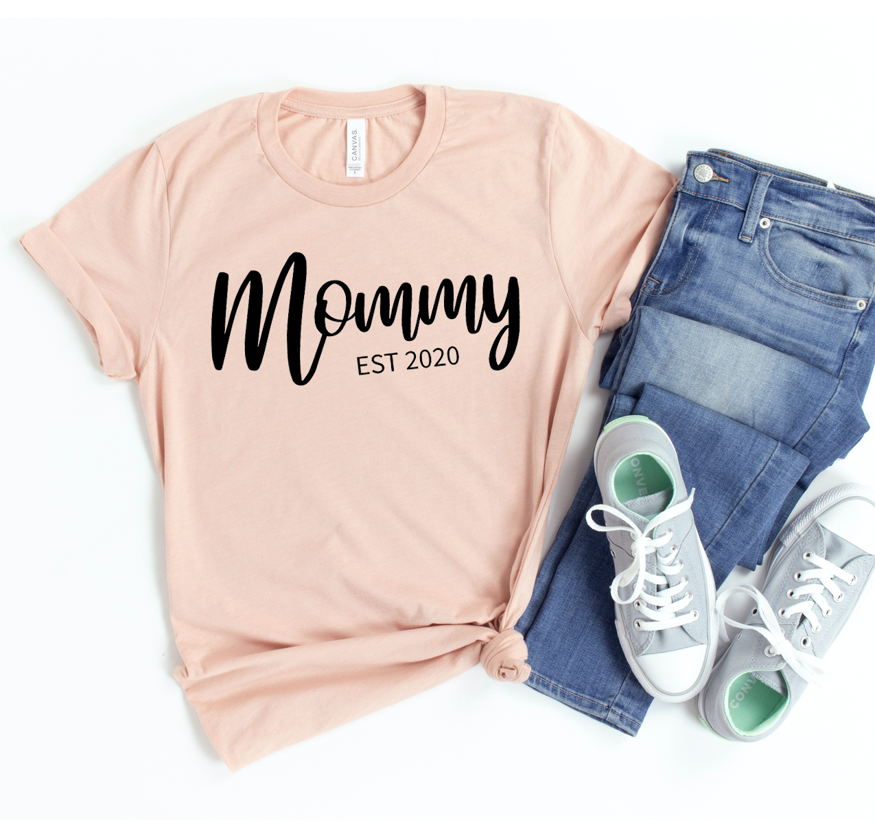 Mommy Est 2020 T-shirt in soft cotton, showcasing a stylish design perfect for mothers.