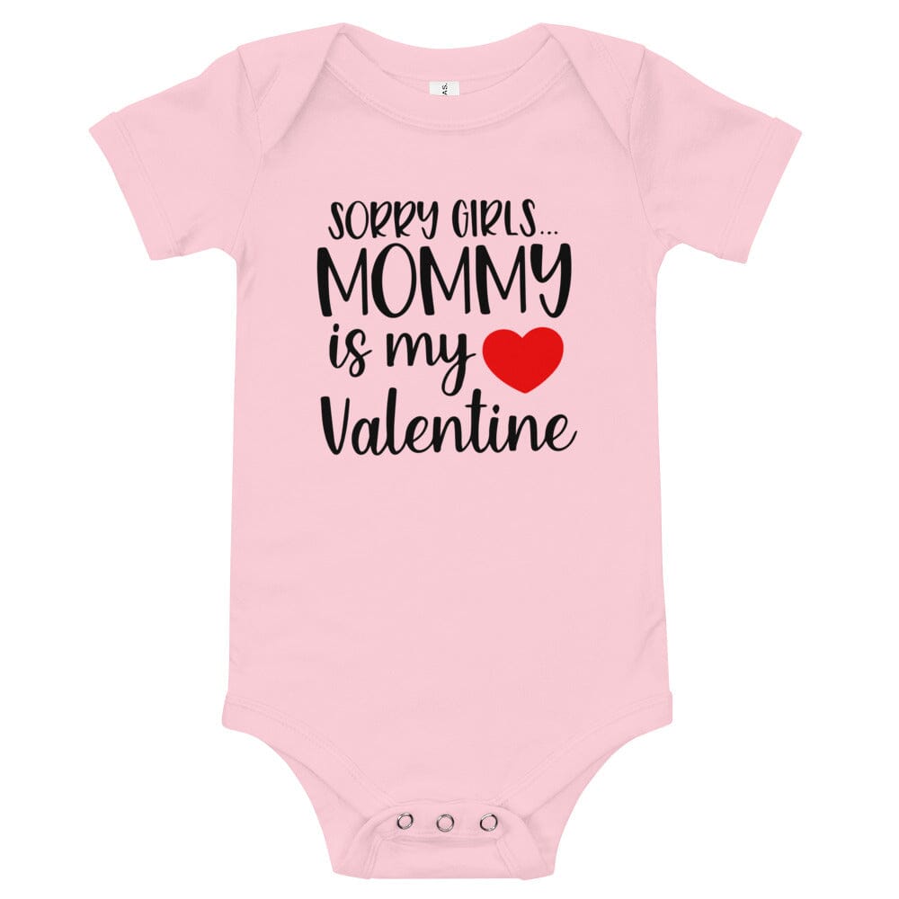 A cute baby wearing a Mommy Is My Valentine Onesie, showcasing its vibrant design and comfortable fit.