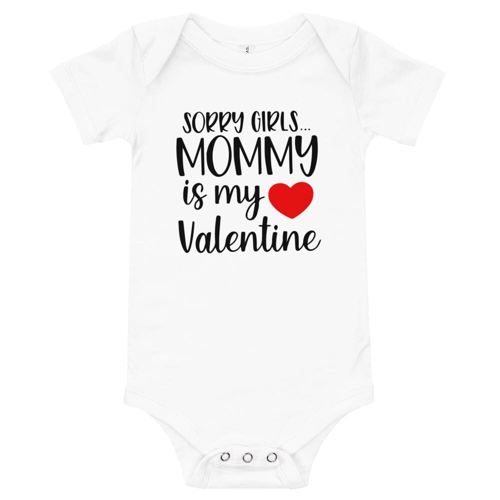 A cute baby wearing a Mommy Is My Valentine Onesie, showcasing its vibrant design and comfortable fit.