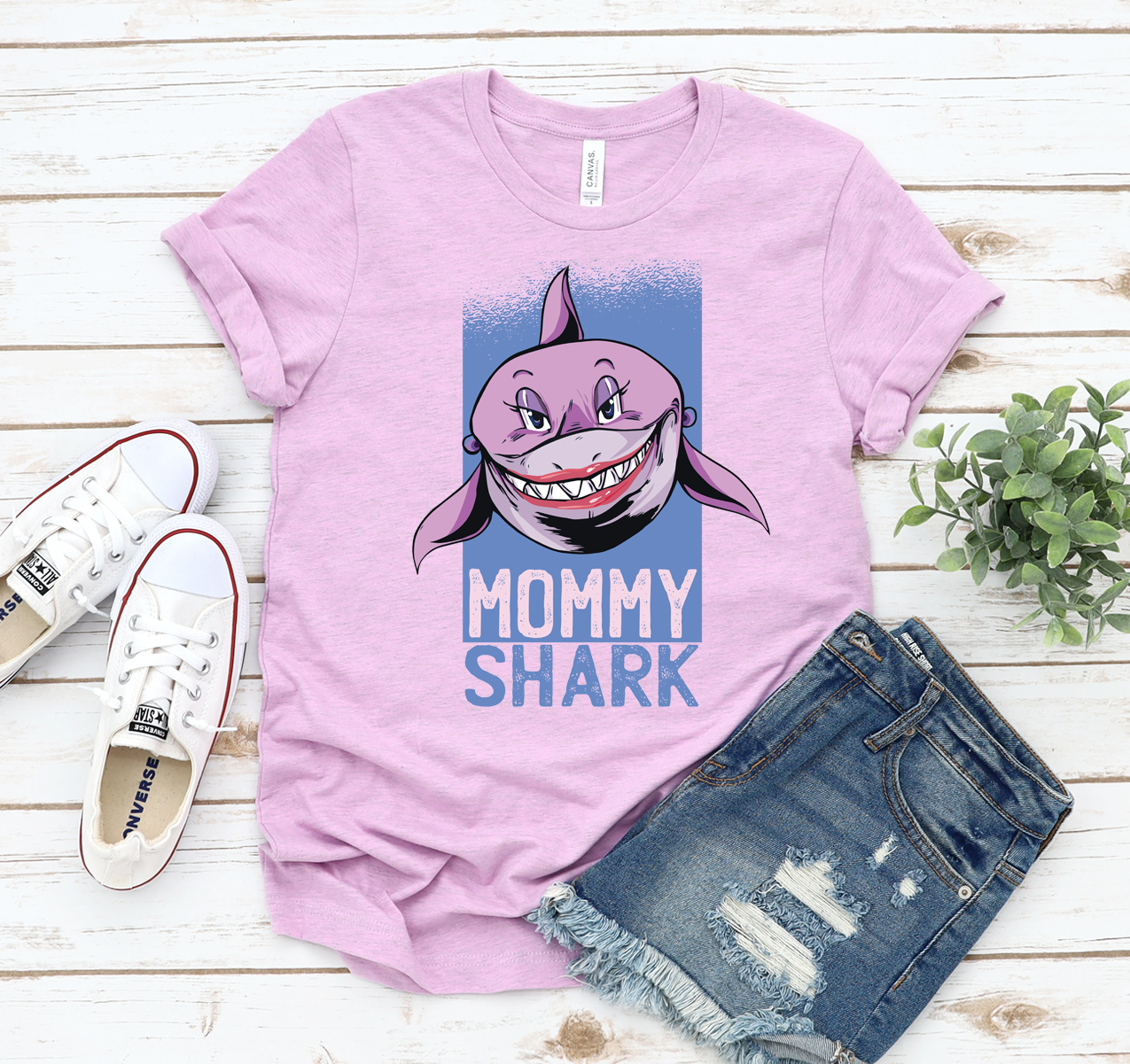 Mommy Shark T-shirt in soft cotton, featuring a playful shark design, available in various sizes.