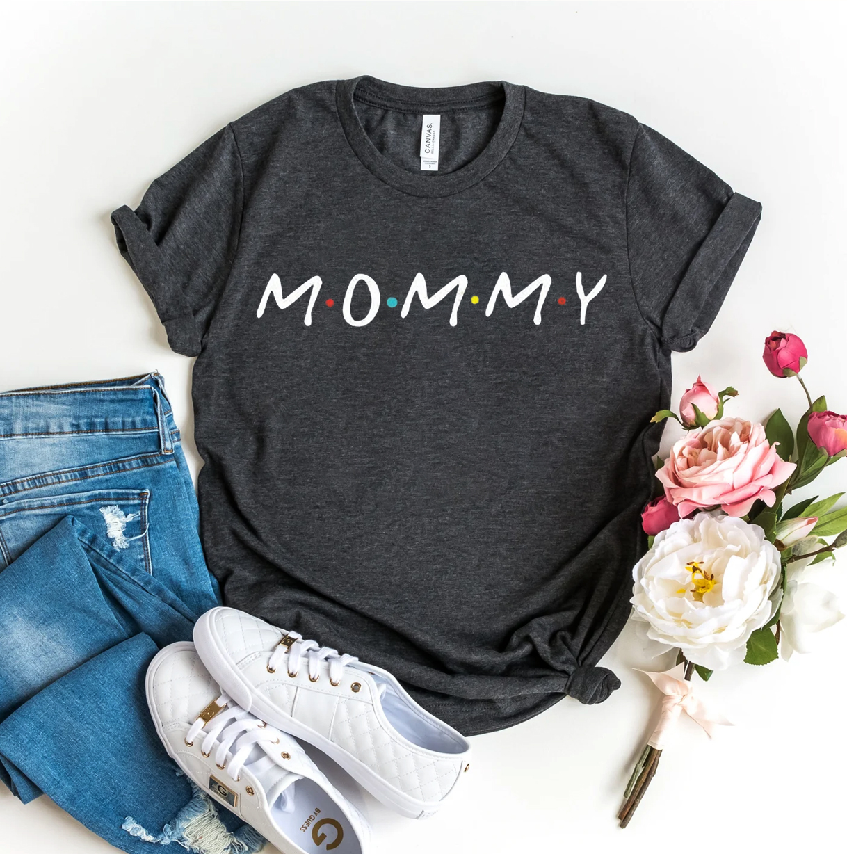 A stylish Mommy T-shirt made from premium ring spun cotton, featuring a soft textile flex print design.