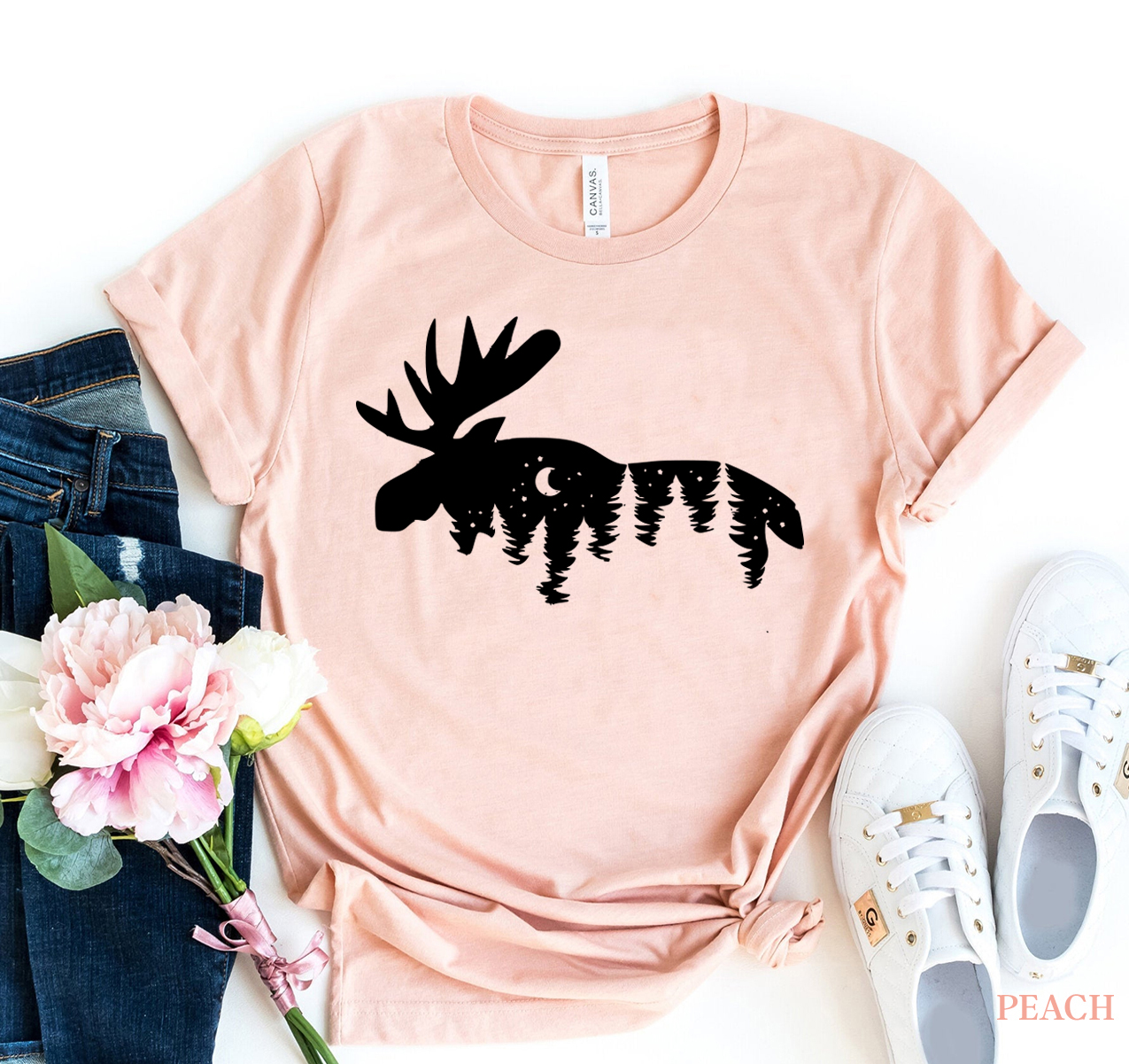 A stylish Moose T-shirt made from premium ring spun cotton, featuring a vibrant moose graphic print.