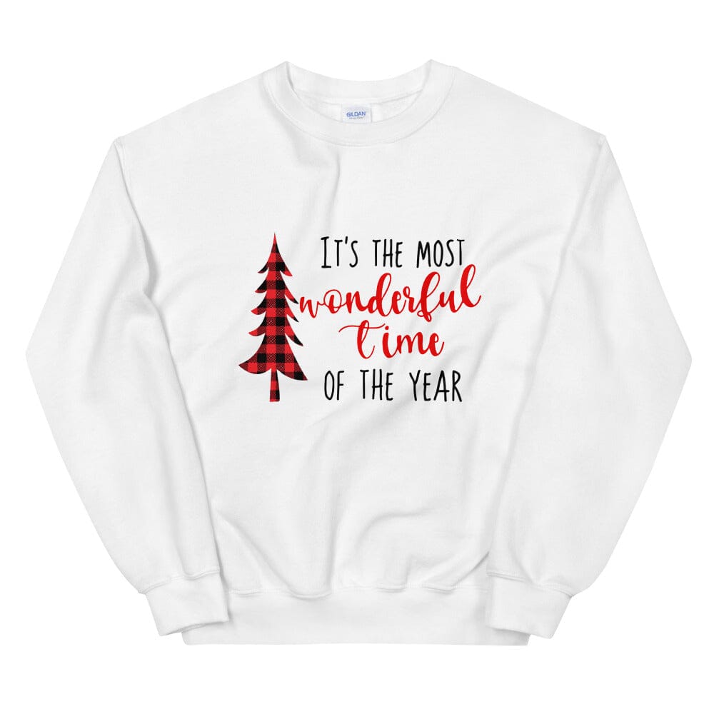 A cozy white sweatshirt with the phrase 'Most Wonderful Time' printed in a stylish font, perfect for casual wear.