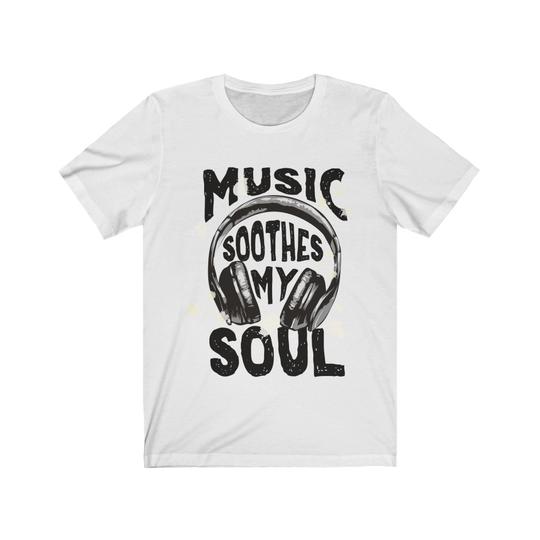 A stylish 'Music Soothes my Soul' t-shirt made from 100% cotton, featuring a classic fit and medium fabric weight, perfect for music lovers.