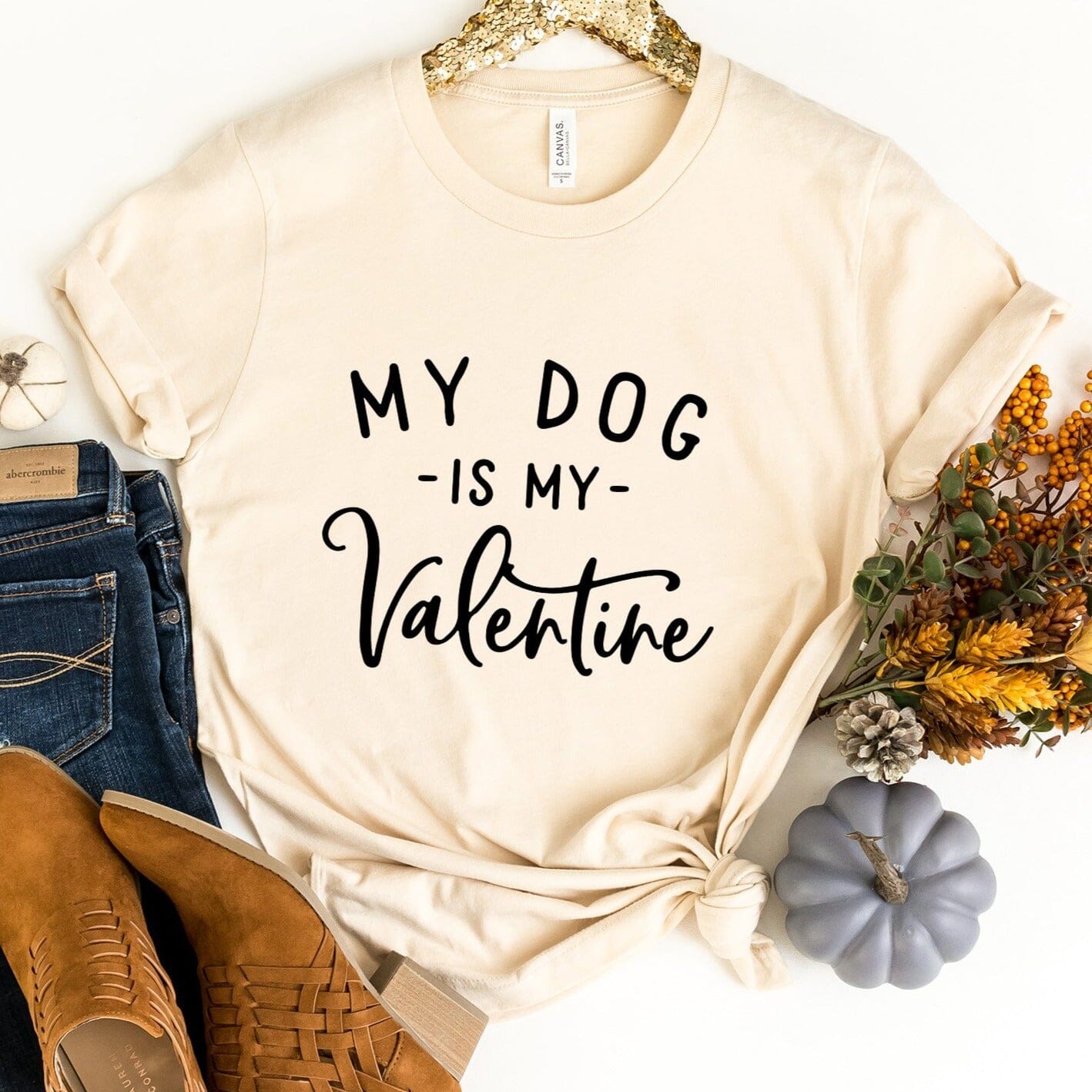 A stylish My Dog is My Valentine Tee featuring a cute design, made from soft Ringspun Cotton, perfect for dog lovers.