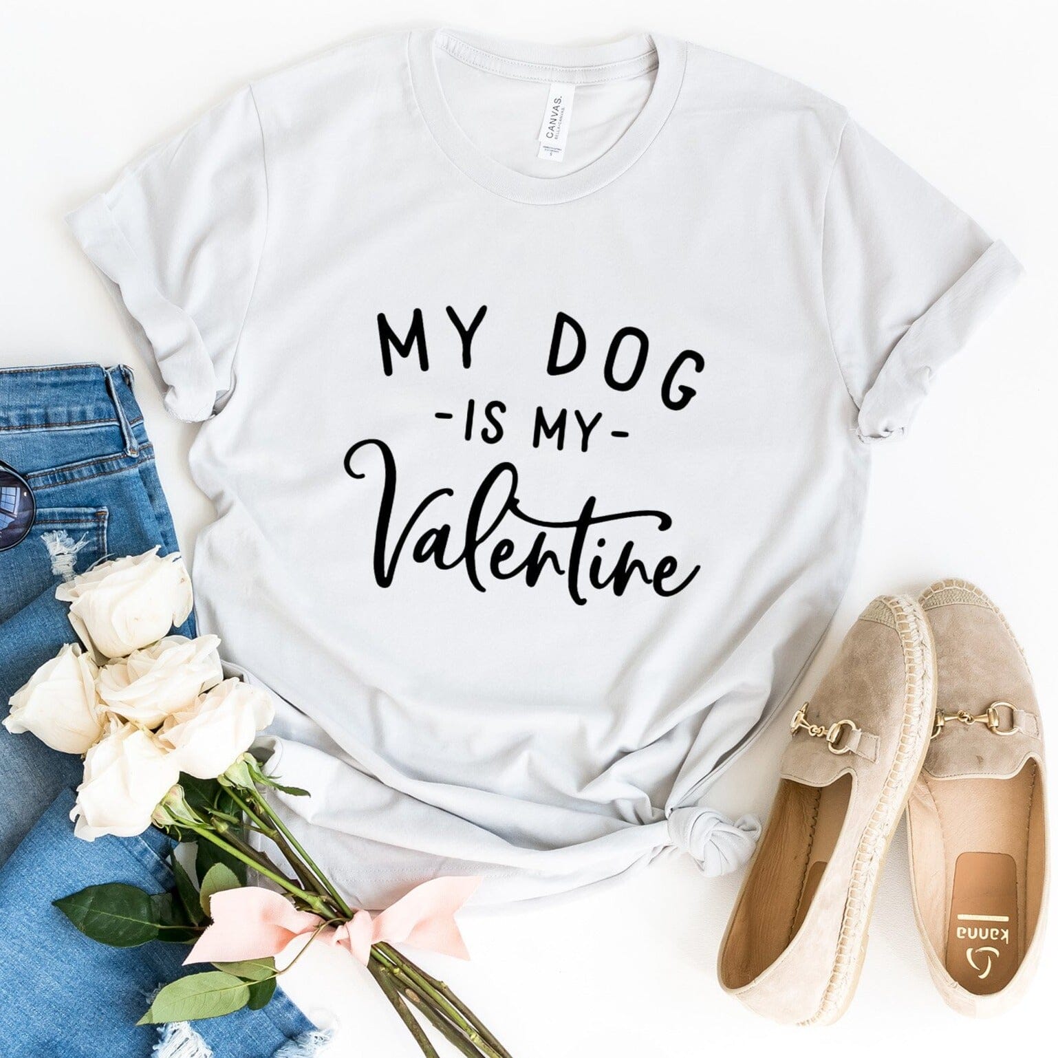 A stylish My Dog is My Valentine Tee featuring a cute design, made from soft Ringspun Cotton, perfect for dog lovers.