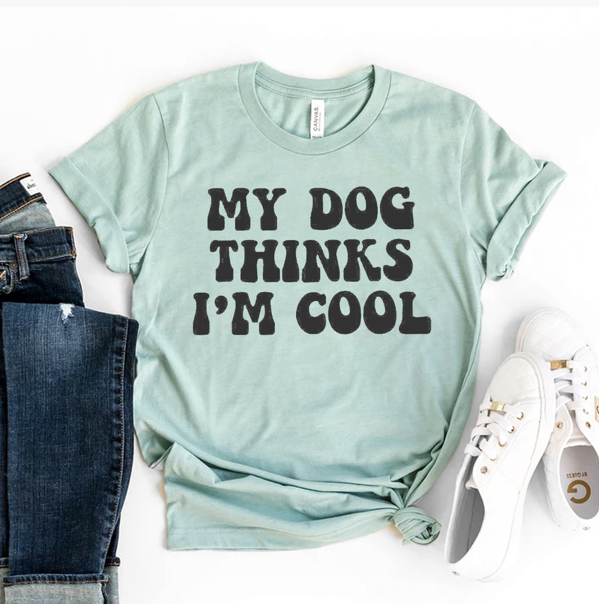 My Dog Thinks I'm Cool T-shirt made of premium quality ring spun cotton, featuring a stylish design and available in various sizes.