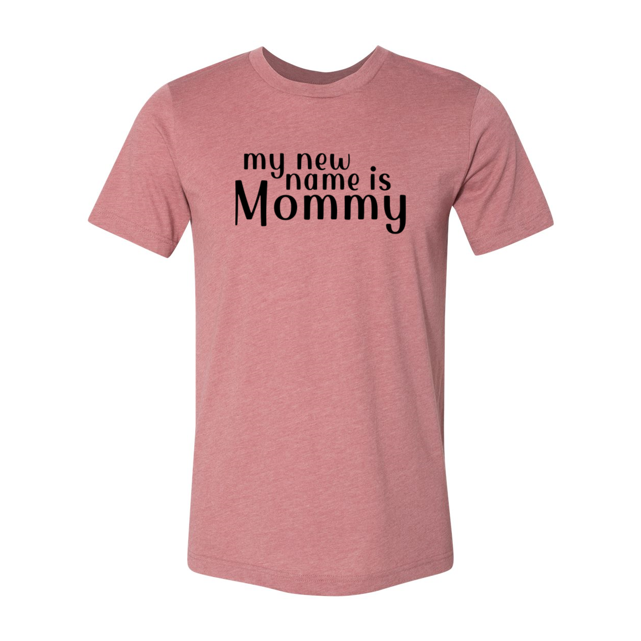 A stylish unisex T-shirt with the phrase 'My New Name Is Mommy' printed on it, showcasing its comfortable fit and vibrant colors.