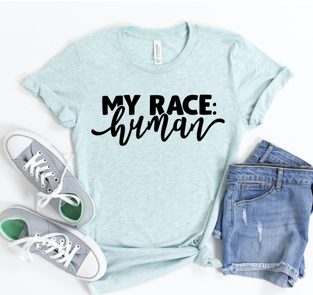 My Race Human T-shirt displayed on a mannequin, showcasing its classic unisex design and soft fabric.