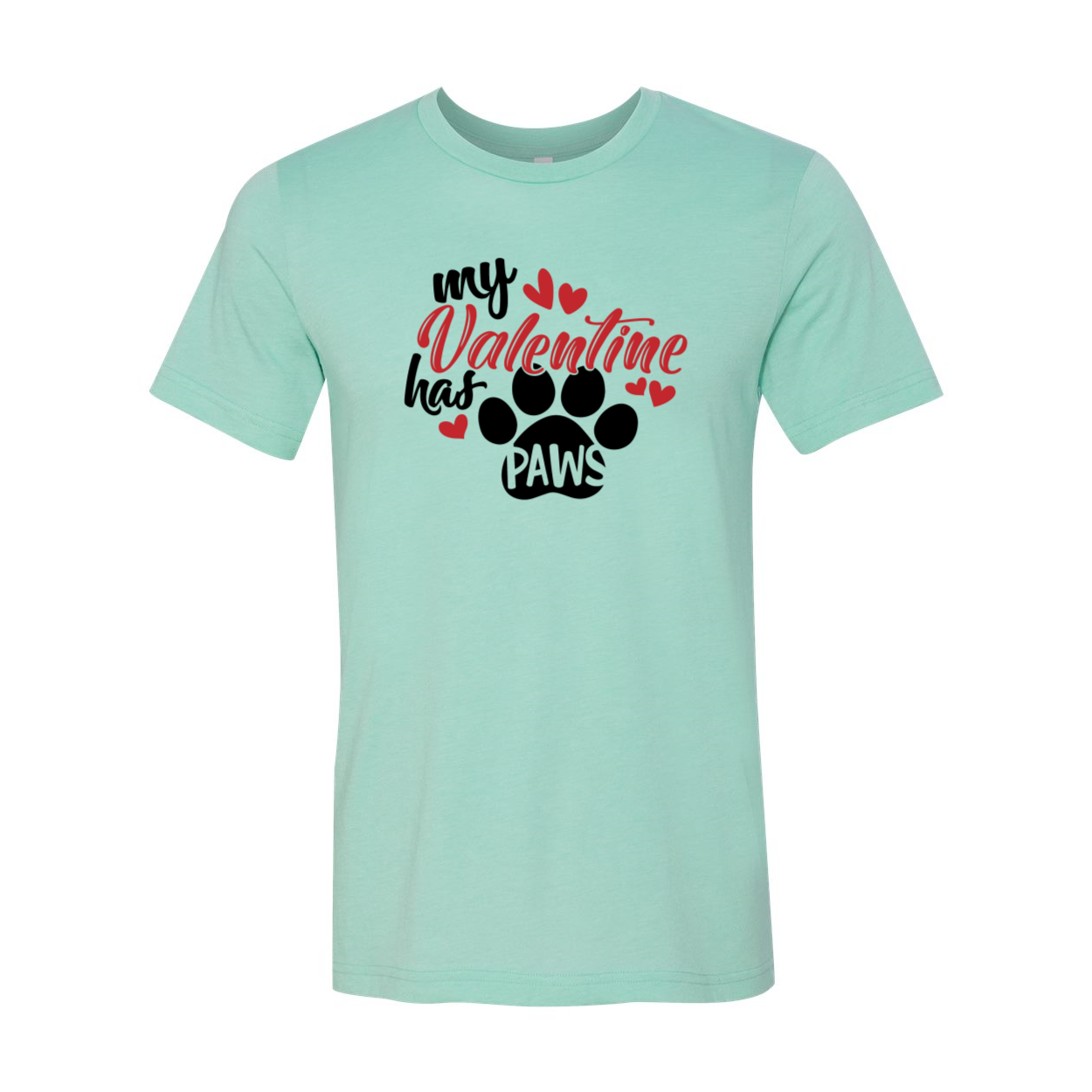 My Valentine Has Paws Shirt in various colors, showcasing a comfortable unisex design made from ring spun cotton.