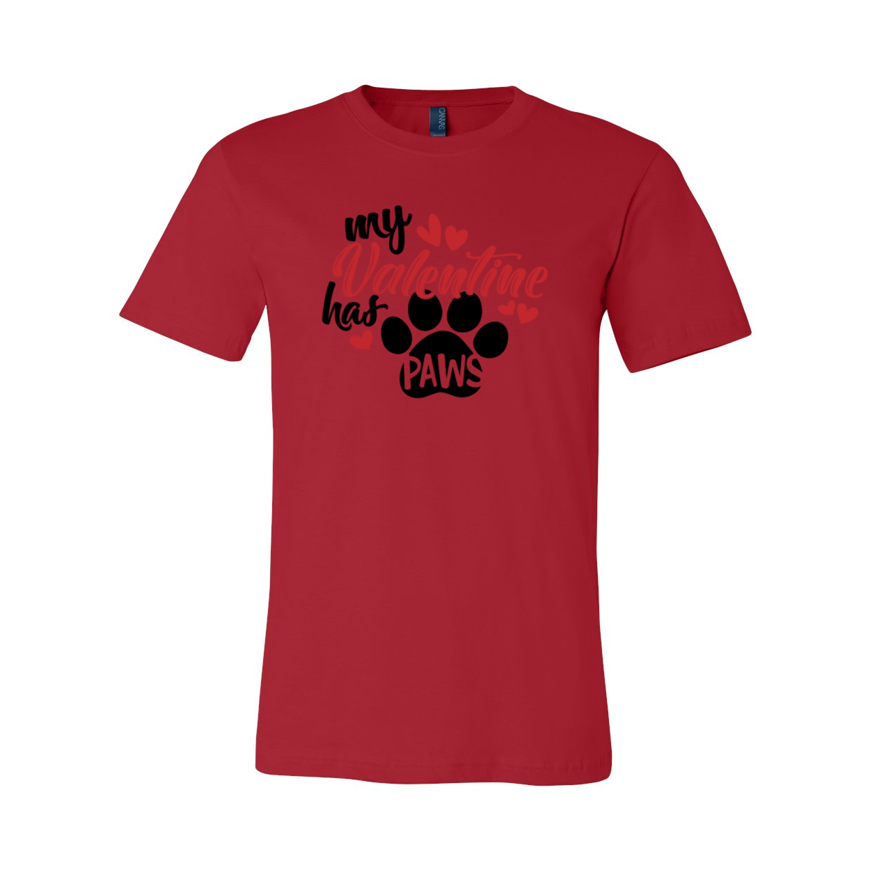 My Valentine Has Paws Shirt in various colors, showcasing a comfortable unisex design made from ring spun cotton.